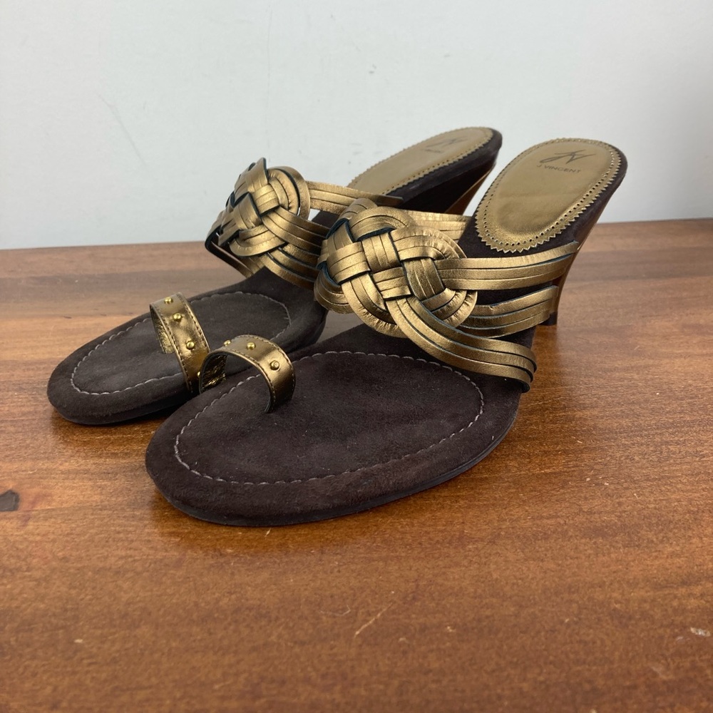 J Vincent Brown Leather Metallic Toe Loop Heels Braided Strap Women’s 9M.